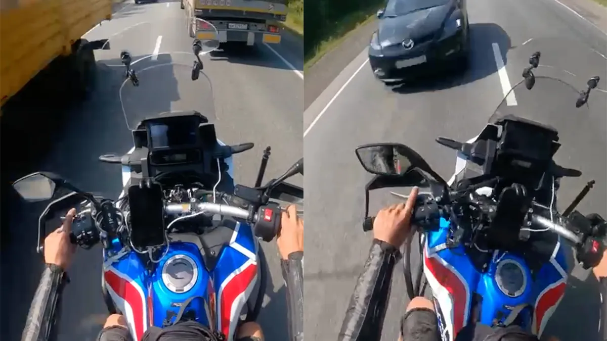 Motorrijder ziet een gaatje om in te halen, maar dat gaat net niet goed