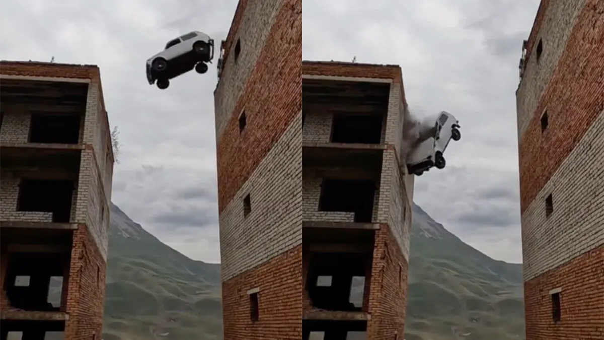 Stuntman springt in auto van verlaten flatgebouw, maar dat gaat verschrikkelijk mis