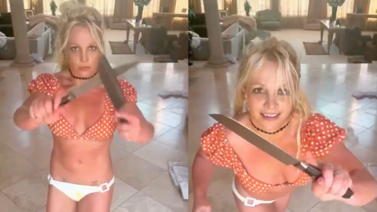 Britney Spears maakt gekke dansjes nog iets gekker met twee flinke messen