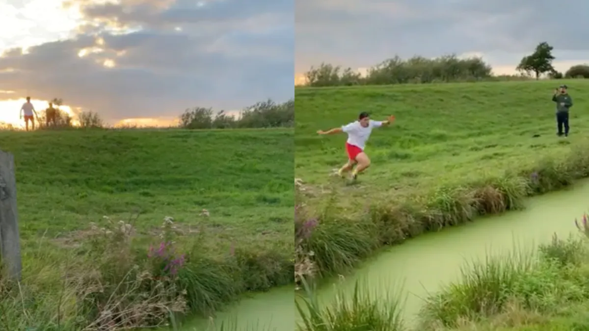 Man pakt schande na poging slootje springen