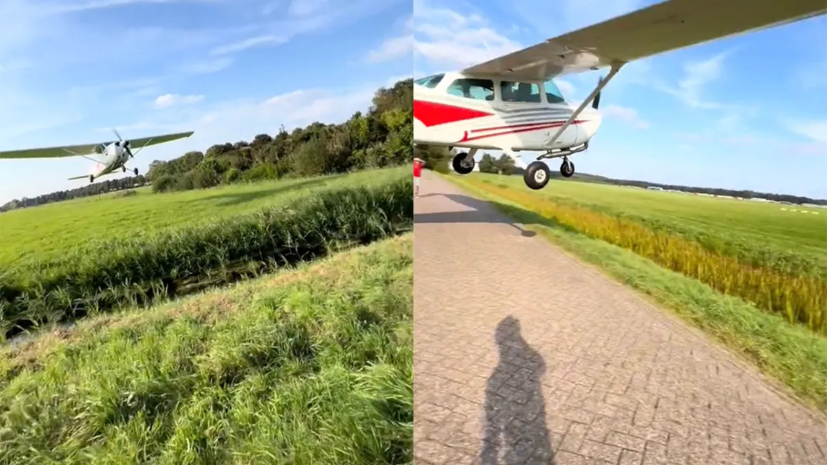 Dit vliegtuig vliegt wel heel laag over weg in Hilversum