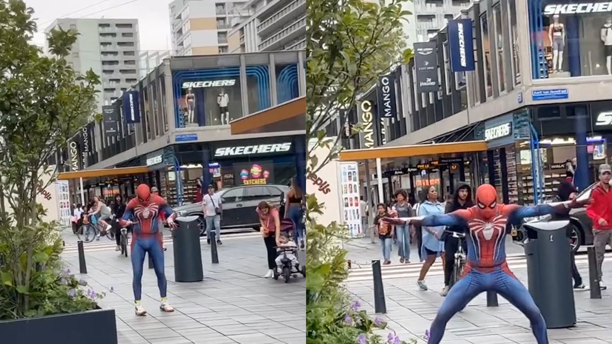 Spiderman gaat los op de Lijnbaan in Rotterdam