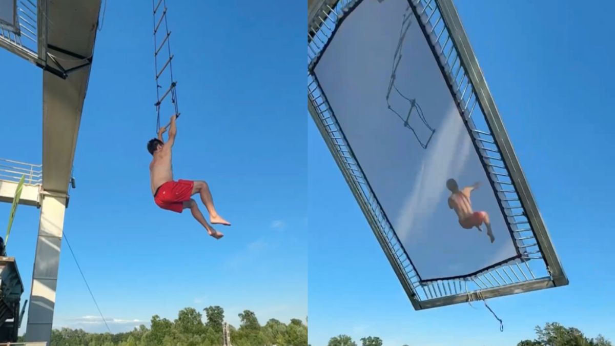 Het water in via een Trampoline Human Catapult heeft ook wel wat