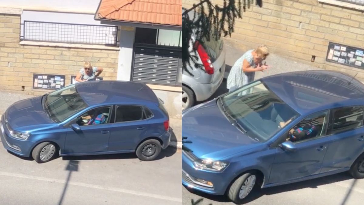 Italiaanse oma staat te schreeuwen als een speenvarken omdat manlief niet zo goed is in parkeren