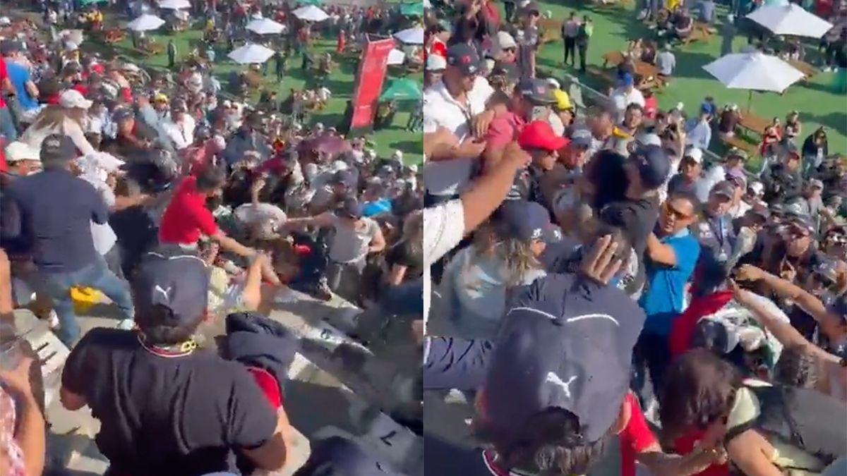 Fans van Perez en Ferrari gezellig met elkaar op de vuist op tribune GP van Mexico