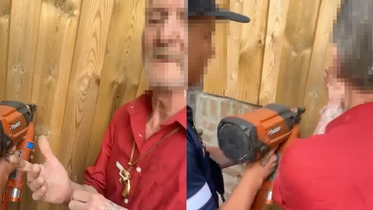 thumb vk man laat voor weddenschap spijker door zijn hand schieten
