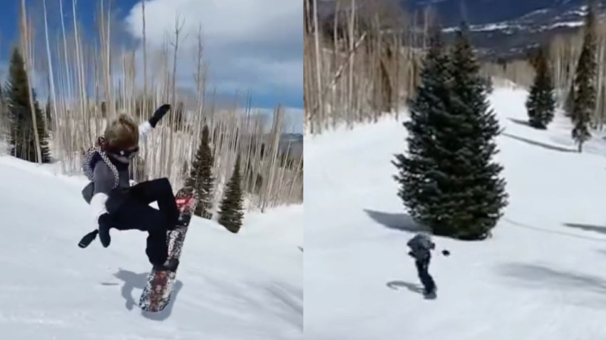 Snowboarder heeft ondervonden dat een dennenboom niet echt meegeeft