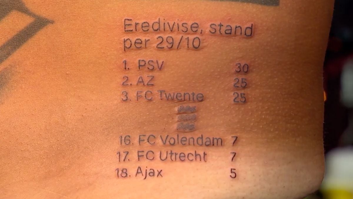 LOL! PSV-fan laat Teletekst stand tatoeëren, woord 'Eredivisie' verkeerd gespeld