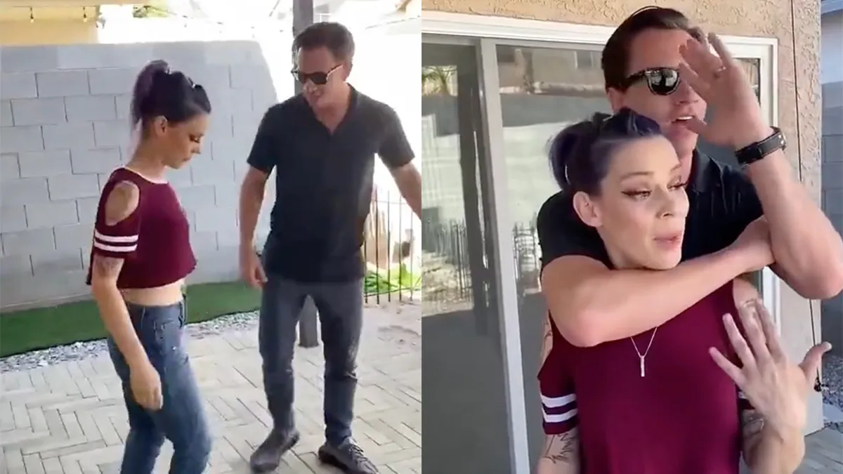 thumb vk vrouw daagt man uit dat ze uit elke headlock kan ontsnappen en ze heeft gelijk