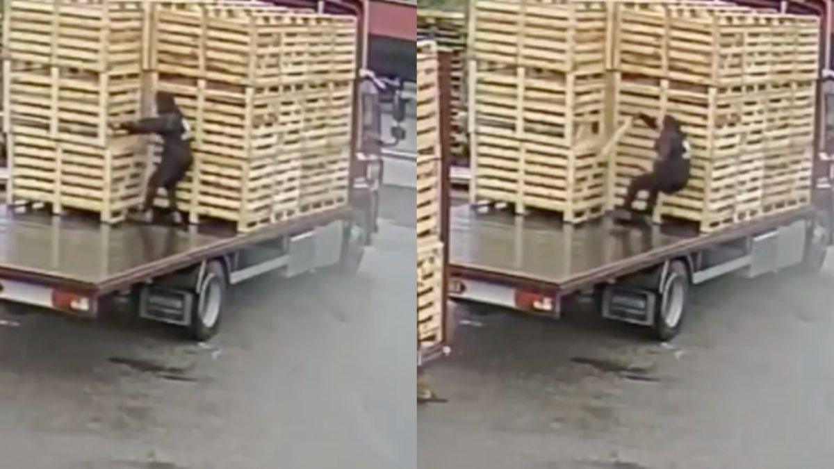 Tijdens het lossen van pallets zou een helm niet misstaan