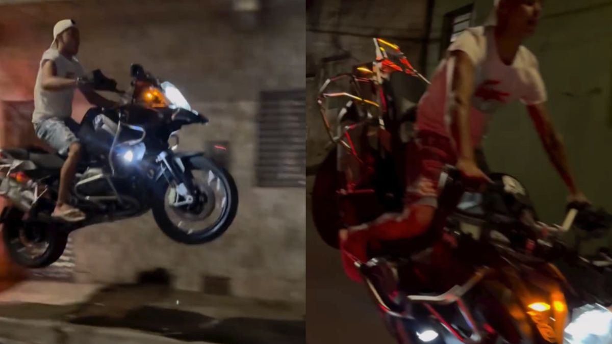 Knul stunt er vrolijk op los met een BMW motorfiets