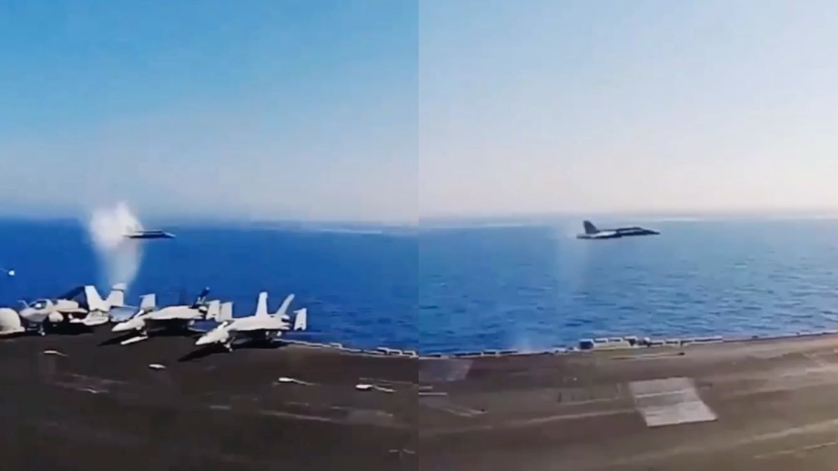 Super Hornet vliegt met supersonische snelheid langs vliegdekschip