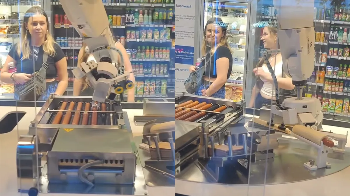 thumb vk kijken hoe een hotdog door een machine wordt gemaakt maar trek hebben in sappige meloen