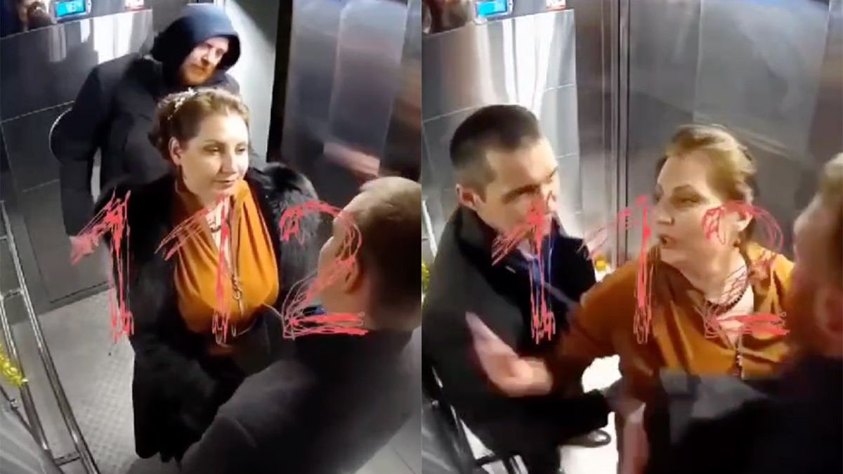 Boze Russen gaan met elkaar op de vuist in de lift