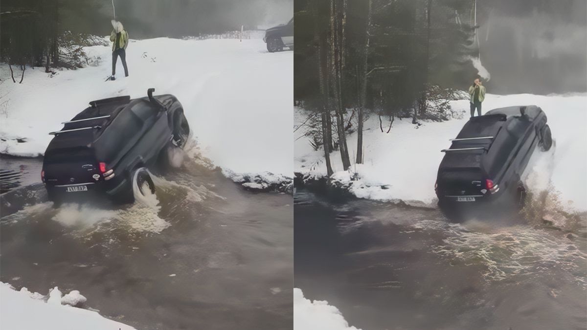 SUV heeft toch wel een probleem tijdens oversteken water in Estland
