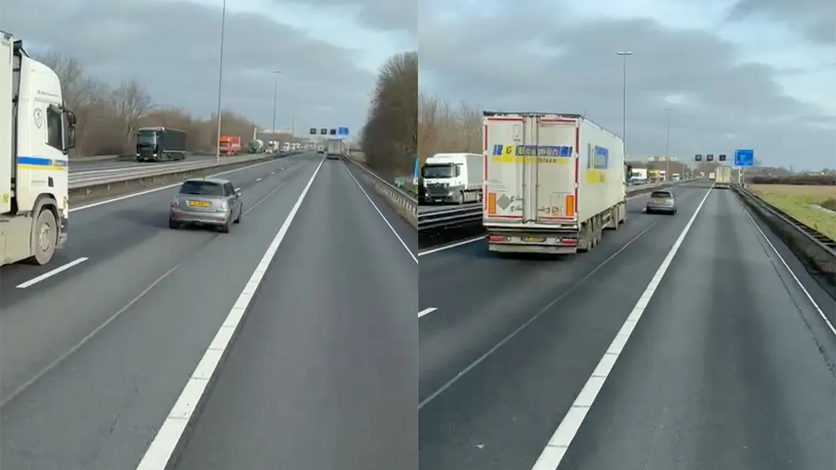 thumb vk automobilist in mini irriteert vrachtwagen op de a2 in limburg