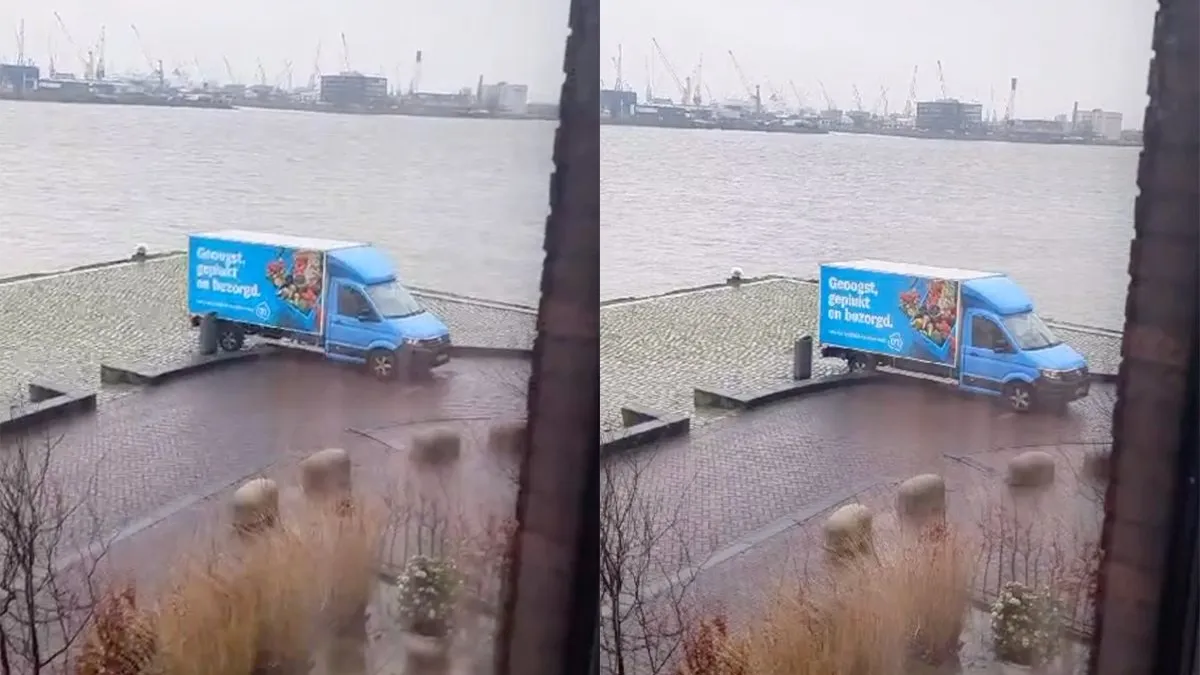 thumb vk bezorgbus van appie zit vast en chauffeur doet poging busje kapot te rijden