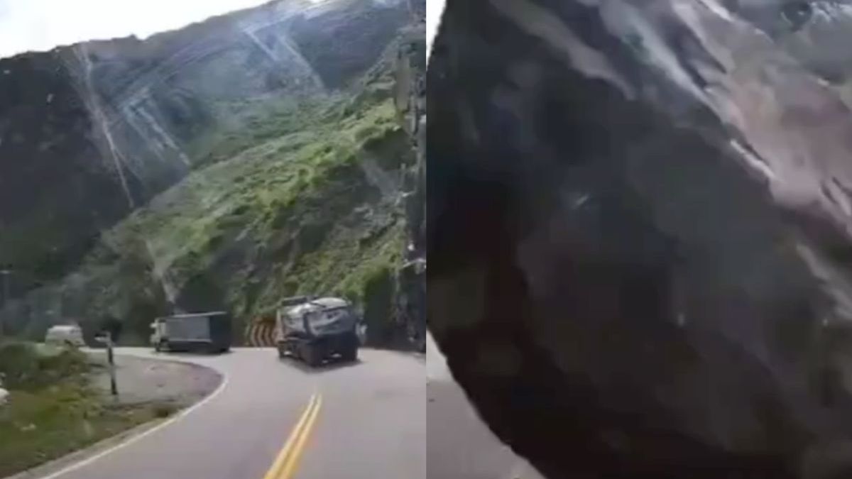 Enorm rotsblok ramde na een aardverschuiving vrachtwagen omver in Peru