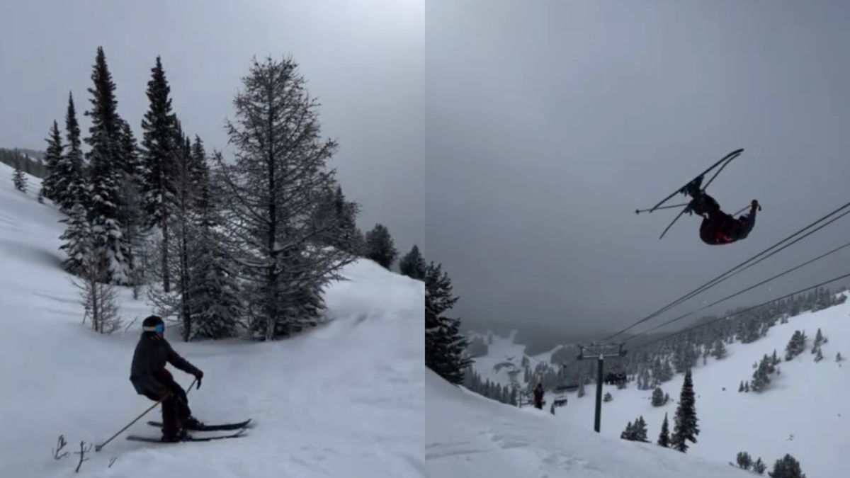 Veel te coole skiër kwam stoeltjeslift tegen tijdens het mans doen