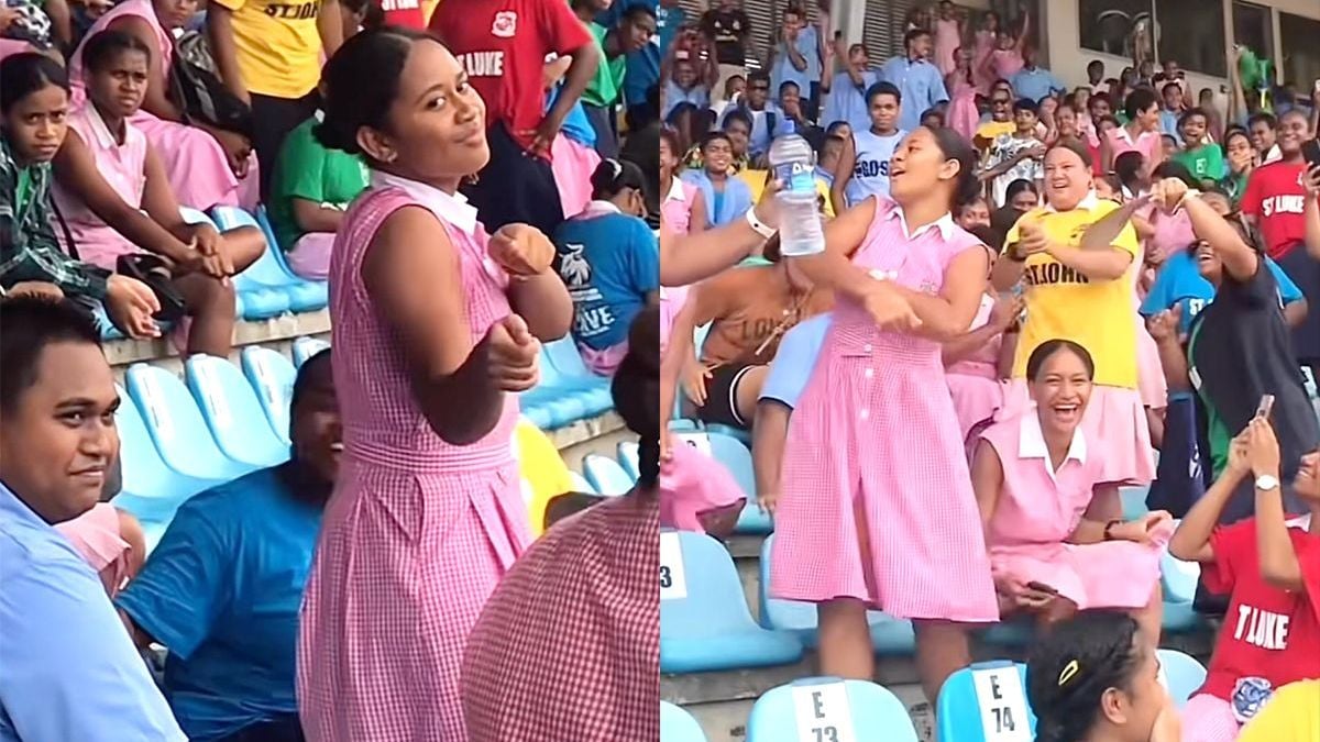 Geweldige vibe van dansende dames op tribune van stadion in Fiji