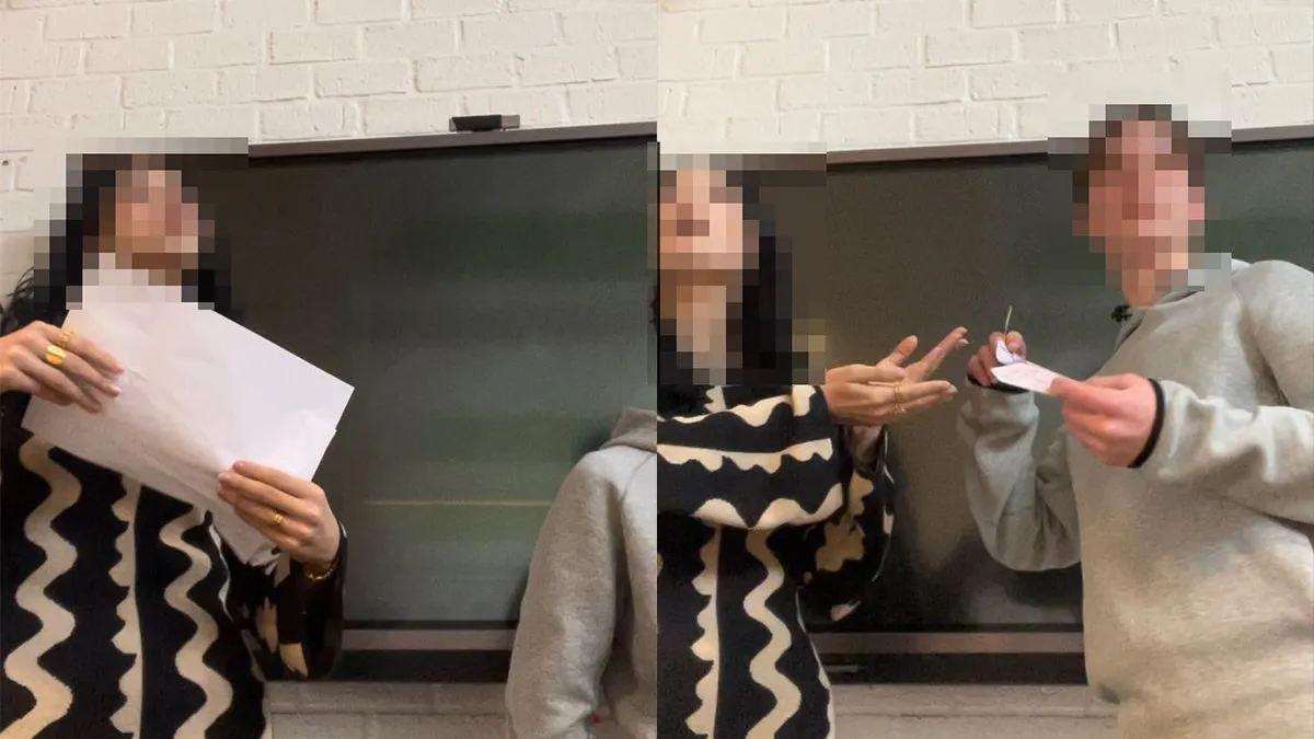 thumb vk juf pakt leerling aan die schunnig voorwerp heeft getekend