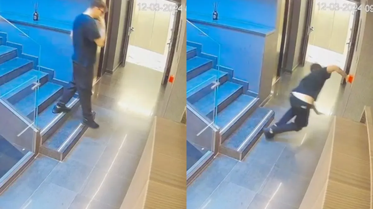 thumb vk misstap op de trap en per ongeluk het brandalarm activeren