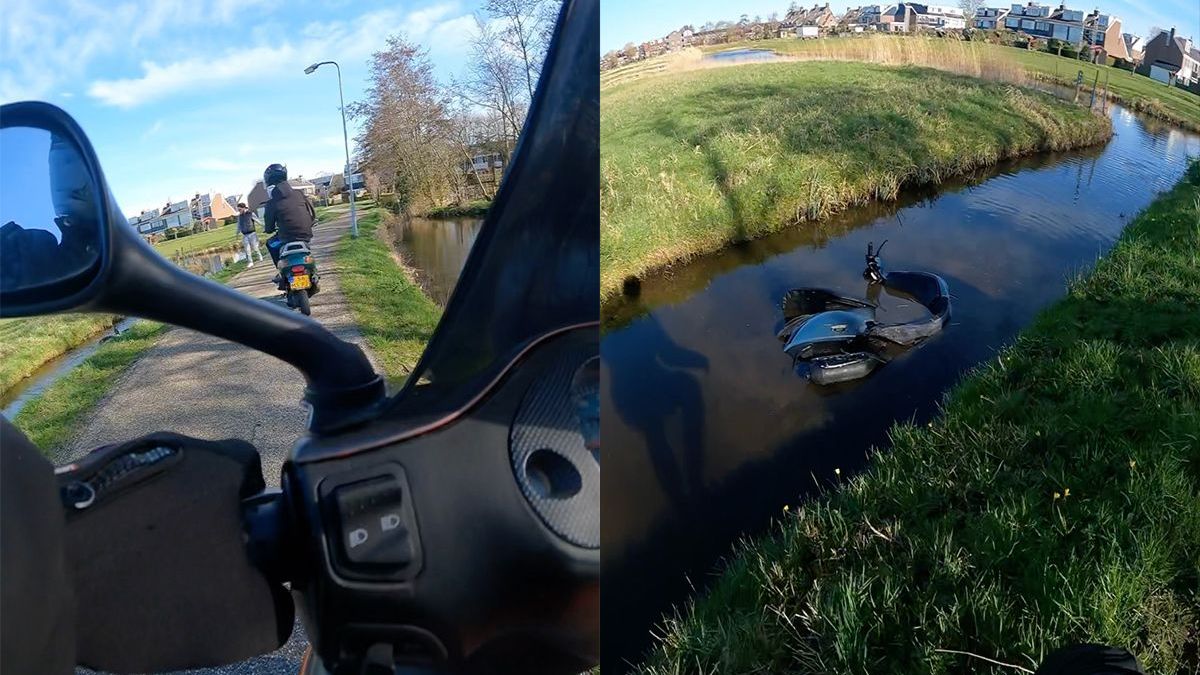 Strijder springt in het water om scooter te redden