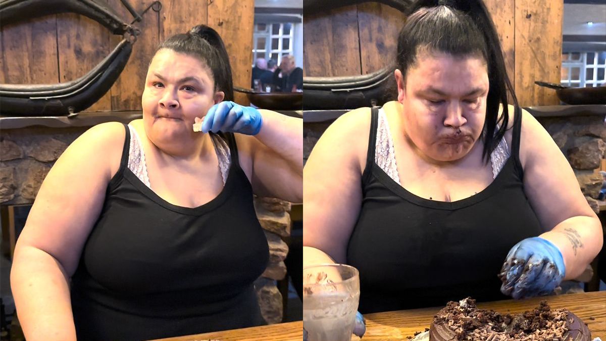 Tracy probeert chocoladetaart binnen tien minuten op te eten