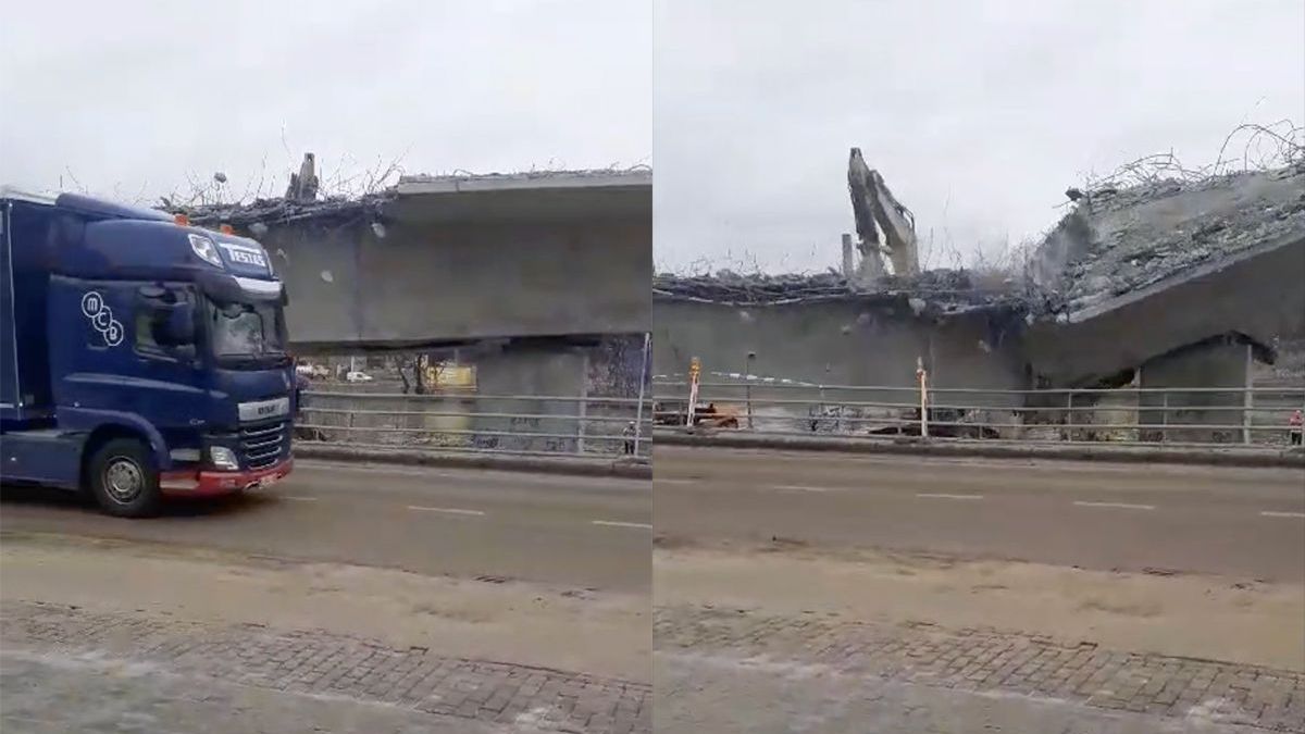 Vrachtwagen is net op tijd weg op te slopen brug in Belgische Wijnegem