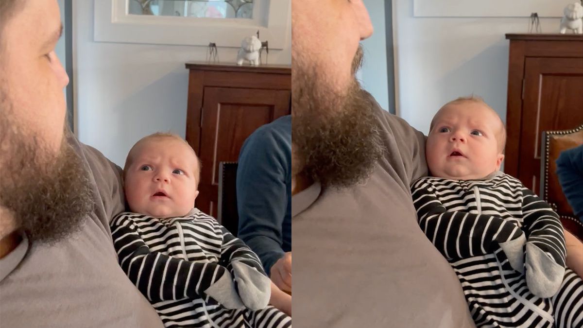 Baby ziet voor het eerst iemand met een baard
