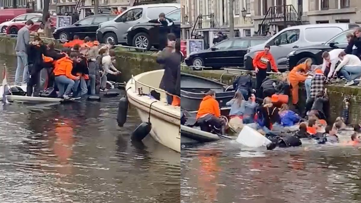Boot zinkt in Amsterdamse Hersengracht, Feestvierders halen nat pak