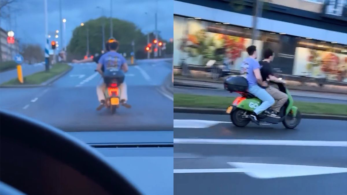 Boys op scooter denken dat de politie achter ze aan zit en ze proberen te vluchten