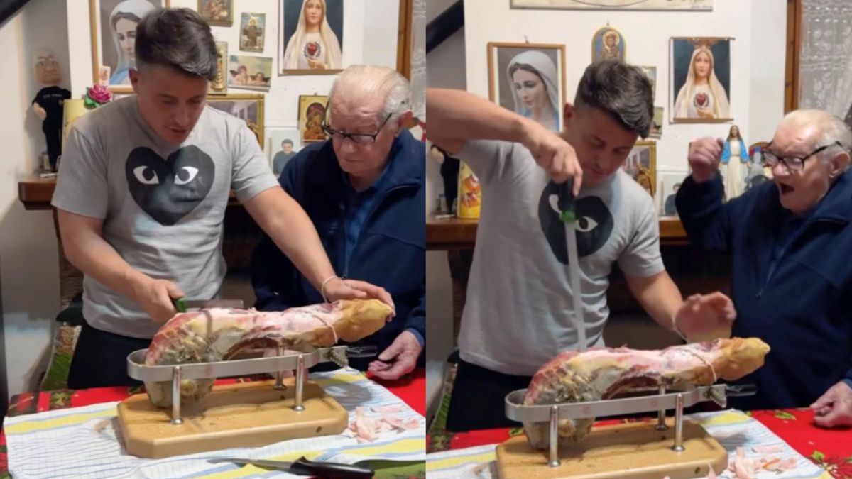 Italiaanse opa trekt kleinzoon heel slecht tijdens snijden van prosciutto