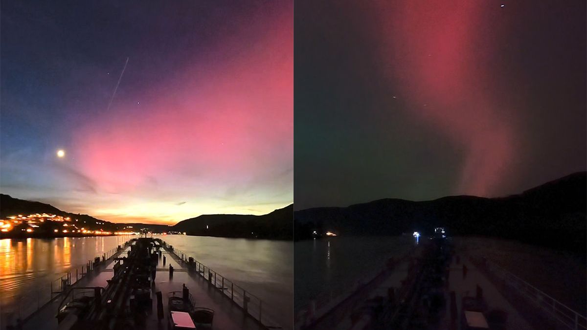 Binnenvaartschipper heeft tijdens varen echt mooi uitzicht op het noorderlicht