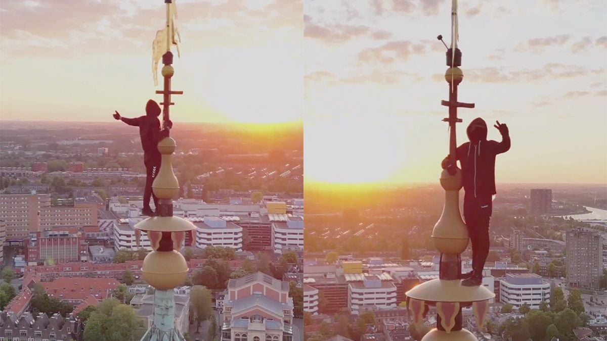 Er gaat niks boven Groningen: man klimt op de Martinitoren in Groningen