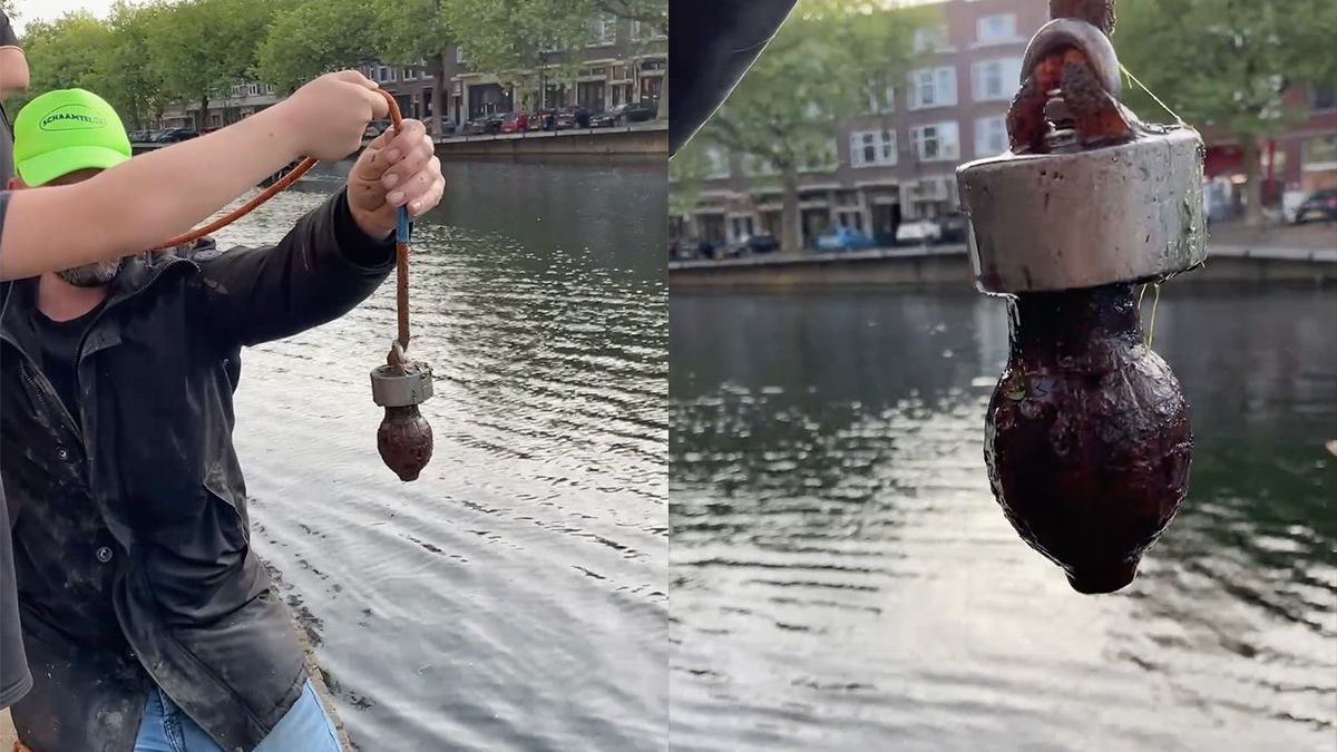 Wait what: Magneetvisser in Rotterdam vist handgranaat uit water bij Linker Rottekade