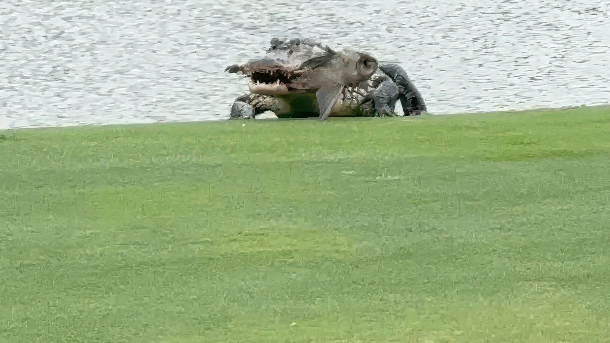 Een echte natuurfilm: alligator heeft een lekker hapje te pakken op golfbaan