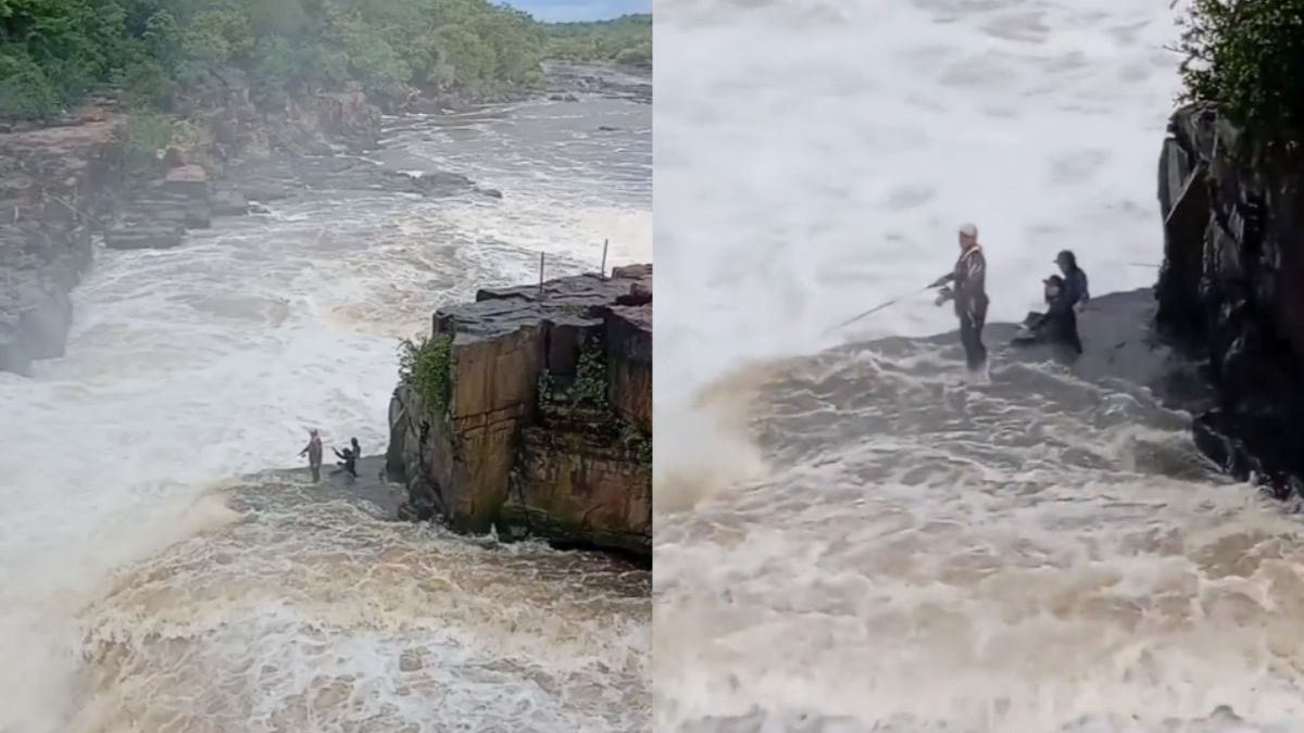 Braziliaanse vissers staan wel op een heel spannend plekje te hengelen