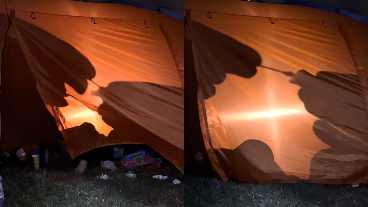 Iemand heeft een inkakken is bijpakken momentje op camping Engelse Glastonbury Festival