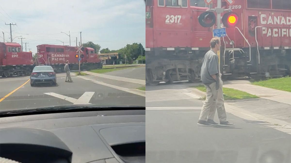 Loopt een man met drie benen bij spoorwegovergang in Canada