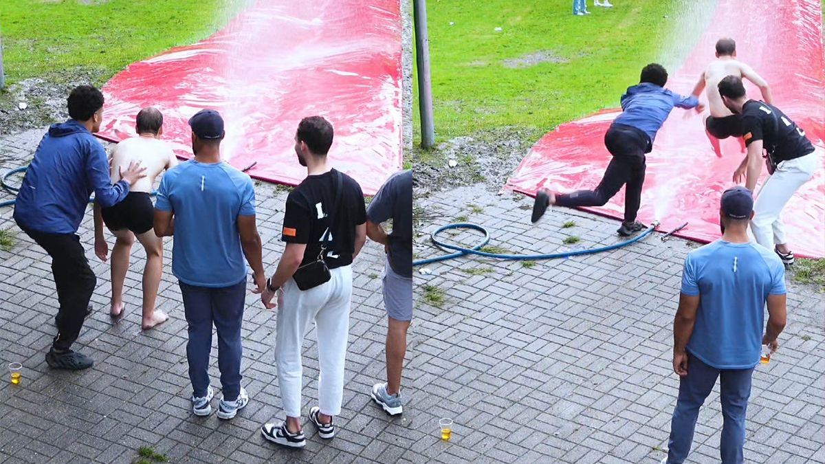 Oranje-fan gaat van Slip and Slide in Dortmund