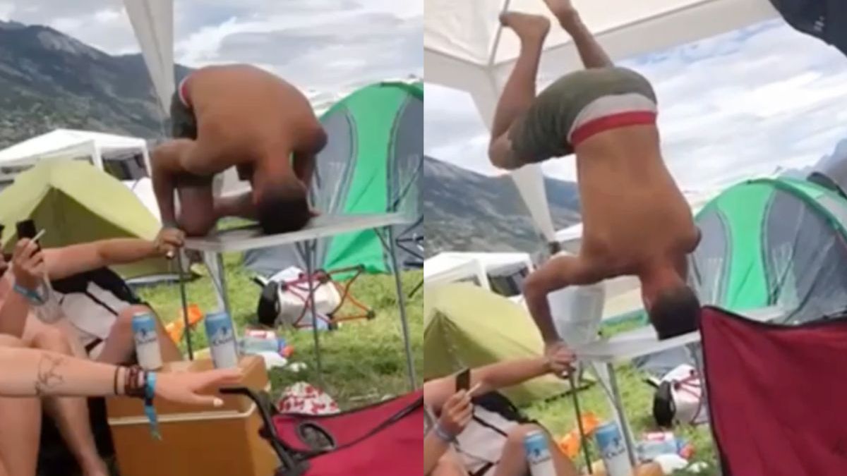 Sommige dingen kun je wel voorspellen: een handstand op een campingtafeltje...