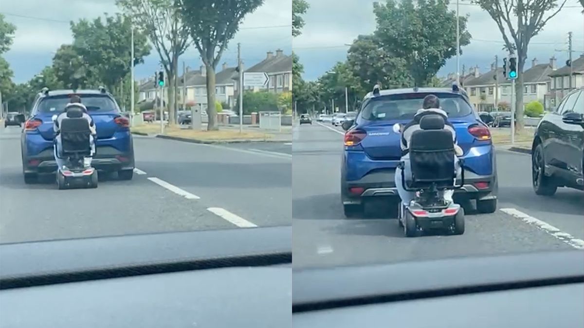 Je in een scootmobiel laten slepen door een auto is geen briljant idee