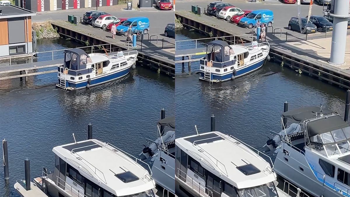 Kapitein vindt remmen niets en gebruikt kade om te stoppen