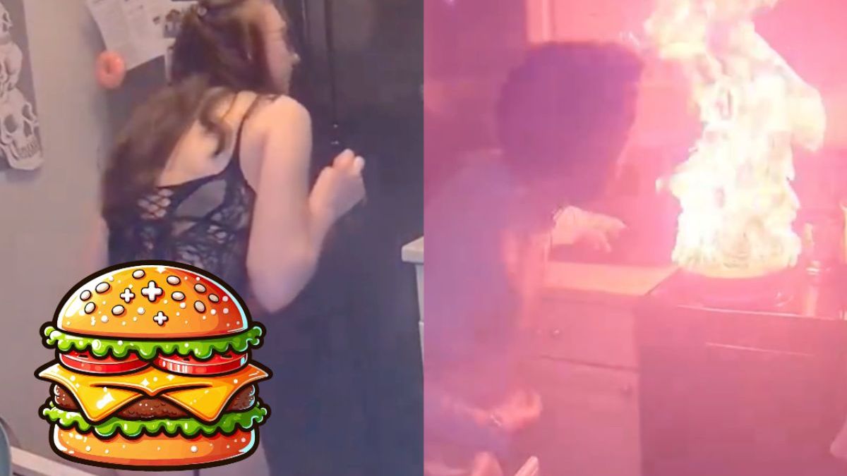 Vlammenzee in de keuken tijdens streamen van kooksessie in lingerie door HiHeyItsDani