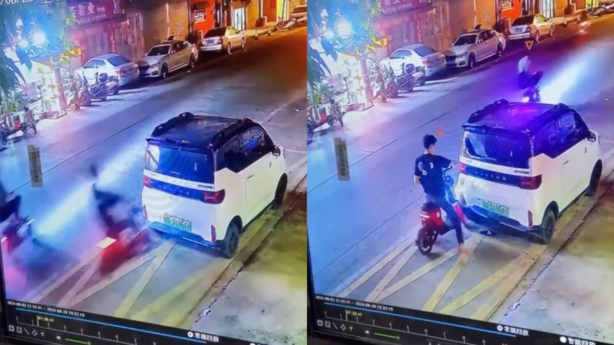 Man op scooter verliest even keihard van achterruit van wagentje