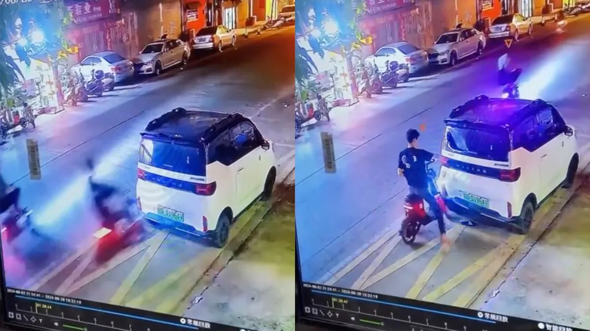 thumb vk man op scooter verliest even keihard van achterruit van wagentje