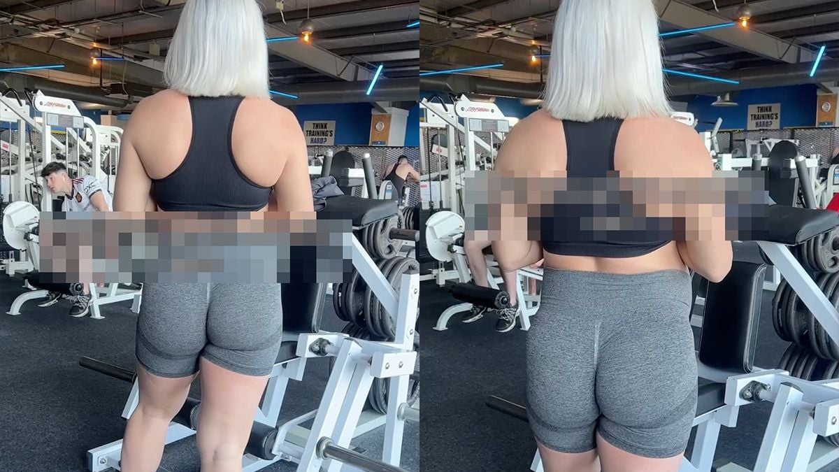 Mannen rennen weg als fitness coach Maria zich in de gym omdraait