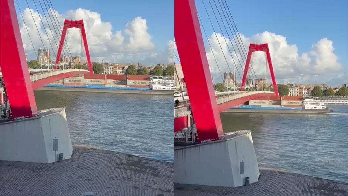 Moment dat containerschip Willemsbrug in Rotterdam ramt