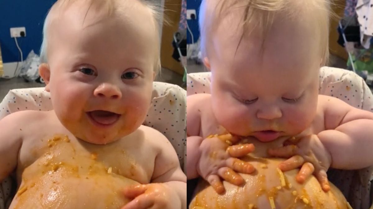 Kleine heeft de tijd van z’n leven door de pasta in te masseren in plaats van op te eten